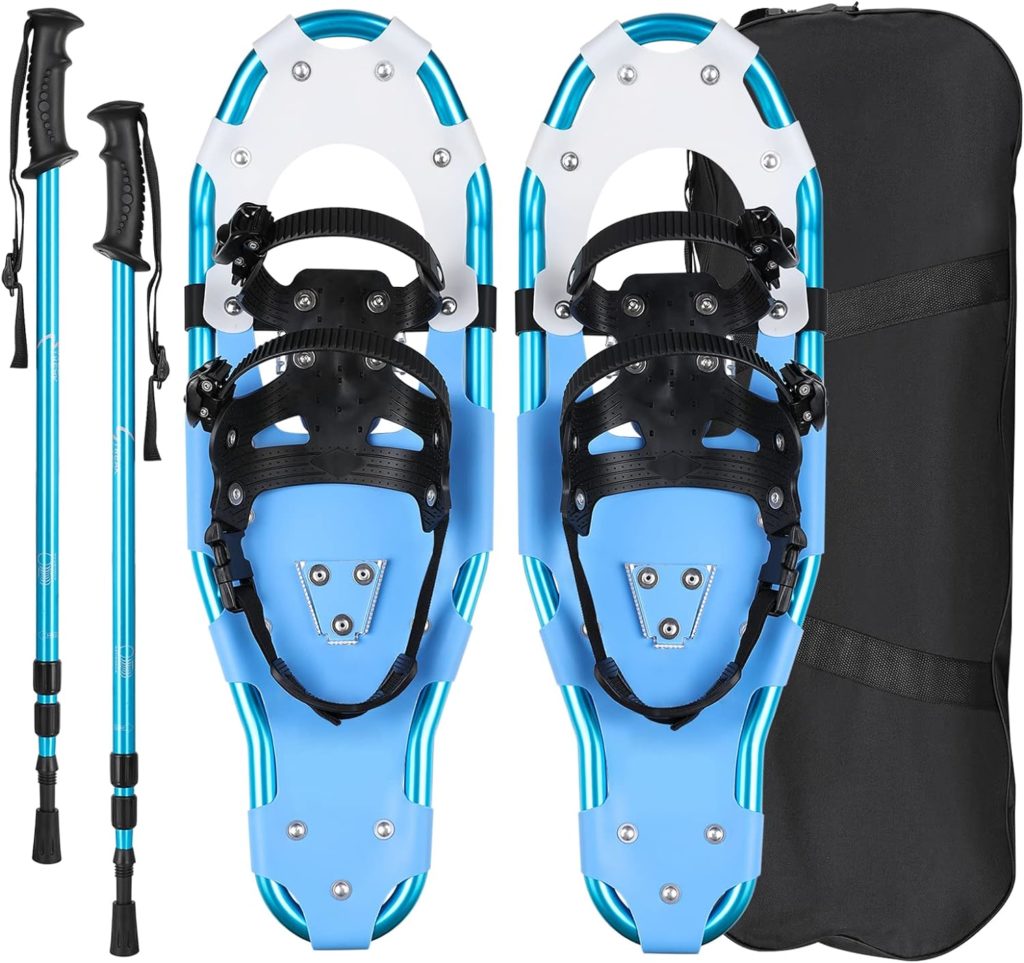 Snow shoes, aluminium frame with 3 in 1, shoe size 38-45 to 90-110 kg, adjustable size hiking poles, mountain equipment hiking on snow, non-slip snow shoe set with carry bag, for men and women