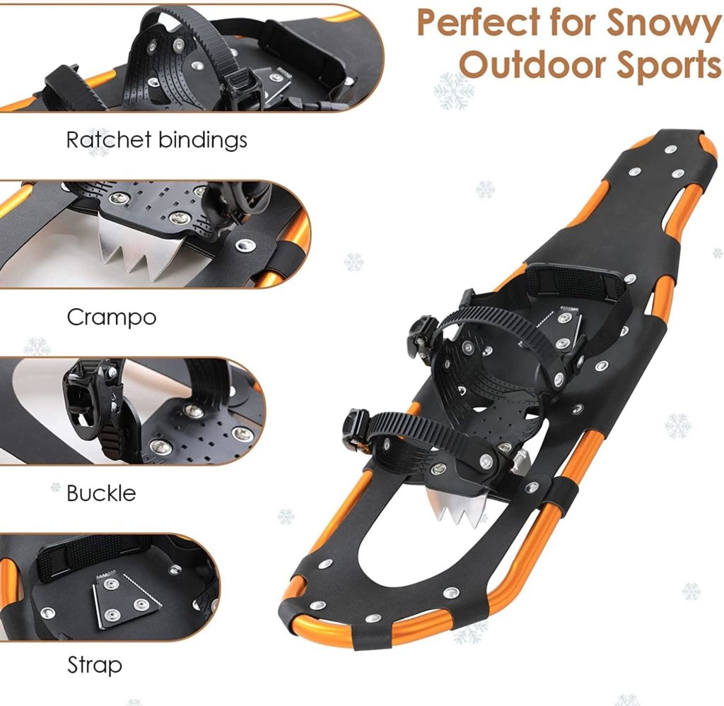Snow shoes, aluminium frame with 3 in 1, shoe size 38-45 to 90-110 kg, adjustable size hiking poles, mountain equipment hiking on snow, non-slip snow shoe set with carry bag, for men and women