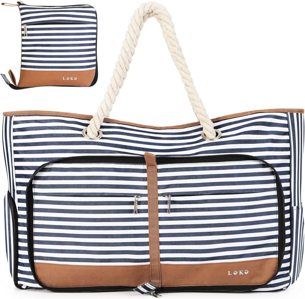 Lekespring Versatile Womens Shopper Beach Bag Large with Zip Bath Bag XXL and Travel Bag Tote Bag, blue striped, Utility