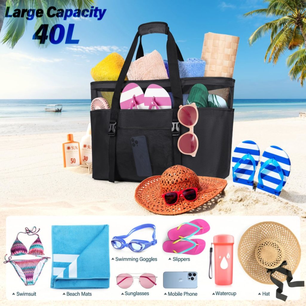 RAINSMORE Beach Bag XXL Family with Zip Swimming Bag Womens Large Lightweight Mesh Beach Bag Waterproof Foldable Shoulder Bags for Beach Travel Picnic, black, Western