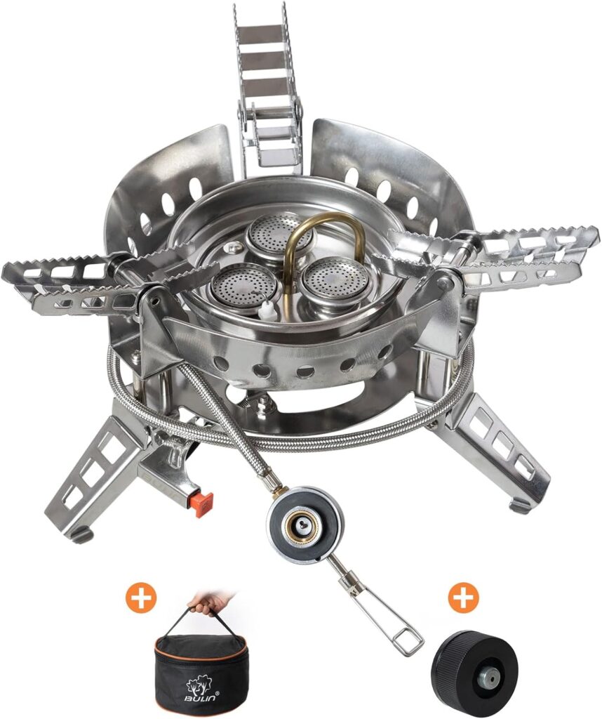 Bulin Gas Camping Stove 6800 W Windproof Camping Gas Stove with Piezo Ignition, Outdoor Stove with Adapter, Stainless Steel Load Capacity 75 kg for Hiking Trekking Picnic