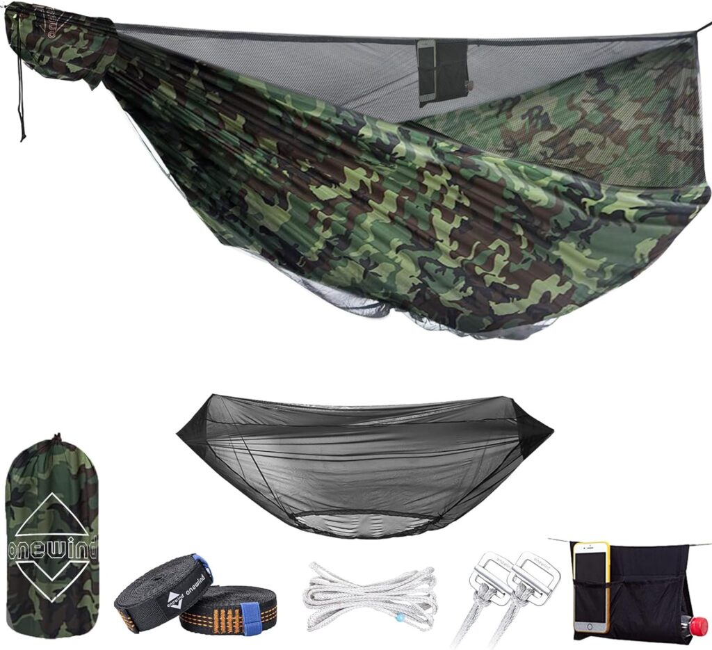 onewind 11 ft Camping Hammock with Mosquito Net Portable Lightweight Double Hammock Stitch-Free Durable Nylon Ripstop with Bugnet Ridgeline 2 x 12 ft Tree Straps for Camping Hiking Backpacking Camo