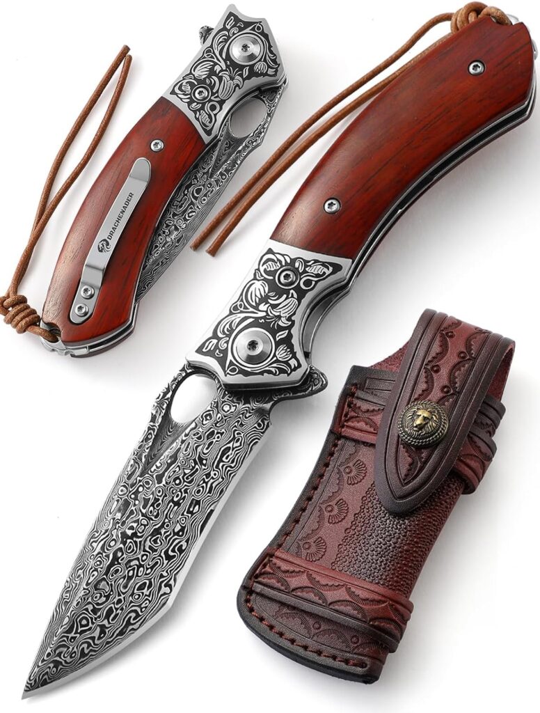 DRACHENADER One-Handed Damask Pocket Knife Made of High-Quality Damascus Steel with Beautiful Leather Sheath, Outdoor Folding Knife VG10 Core Wooden Handle Gift for Knife Lovers and Outdoor