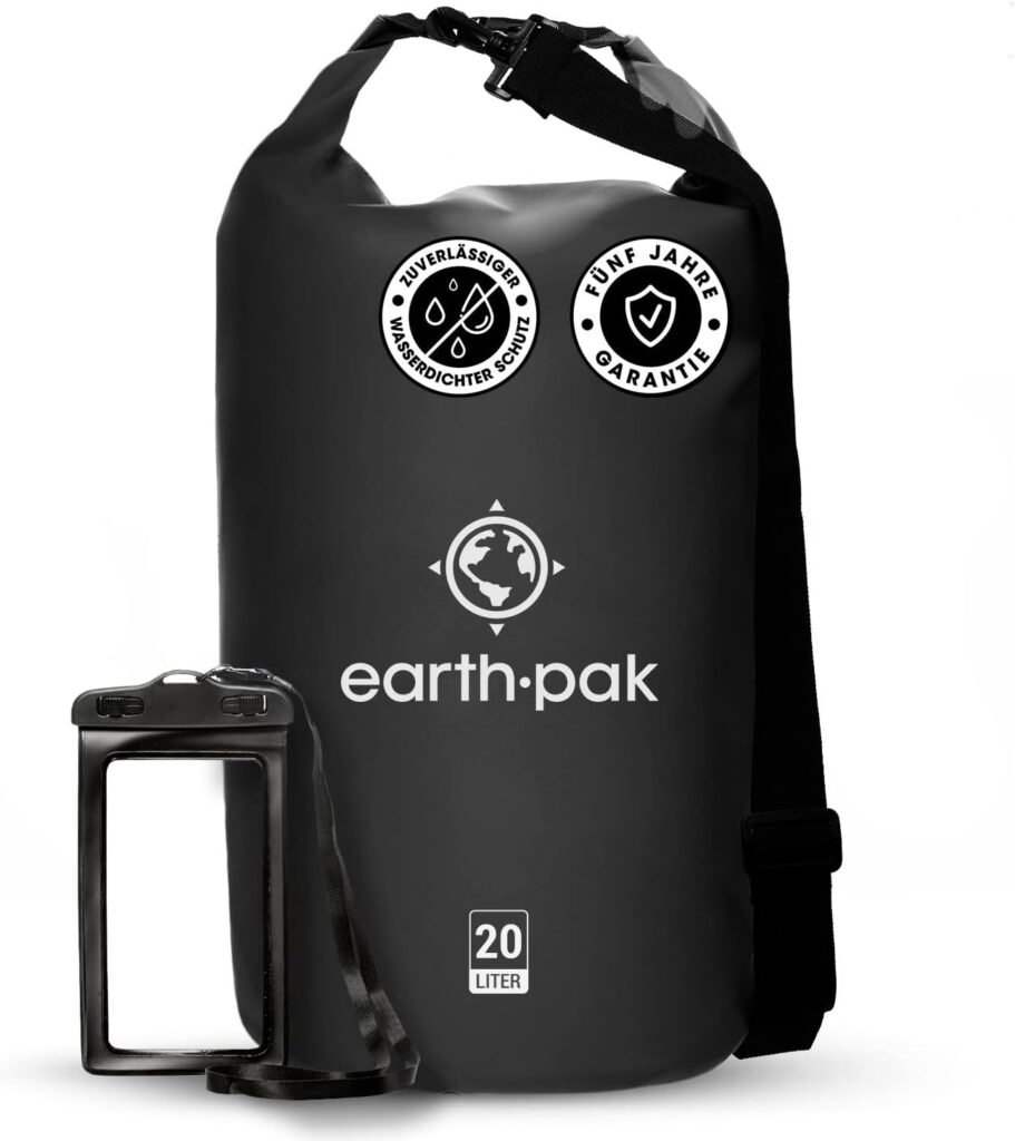 Earth Pak Dry Bag - Waterproof Backpack with Shoulder Strap and Waterproof Phone Case - Ideal Roll-top Bag for Kayaking, Hiking, Camping, Fishing, Boating and Rafting, black, 30l