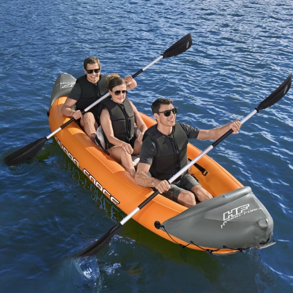 Bestway | Hydro-Force Rapid X3 Kajak | Schlauchboot Set mit Handpumpe, Paddel, Sitzen, Flossen und Aufbewahrungstasche | Dreisitzer