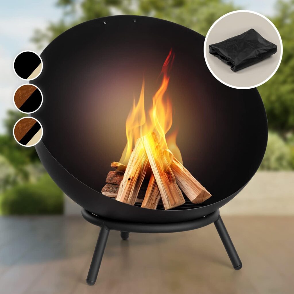 Blumfeldt Outdoor Feuerstelle mit 3-Beinbein Standfuß, Kippbare Feuerschalen für den Garten  Balkon, Camping, Groß, Gartenfeuerschale Wetterfest, 50x75x50 cm