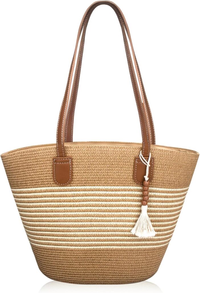 boshiho Sommer Stroh Strandtasche Damen - Handtasche Geflochten Braun groß, Strand Umhängetasche Strohtasche Korbtaschen für Reisen Urlaub, Arbeit, Outdoor, Shopper