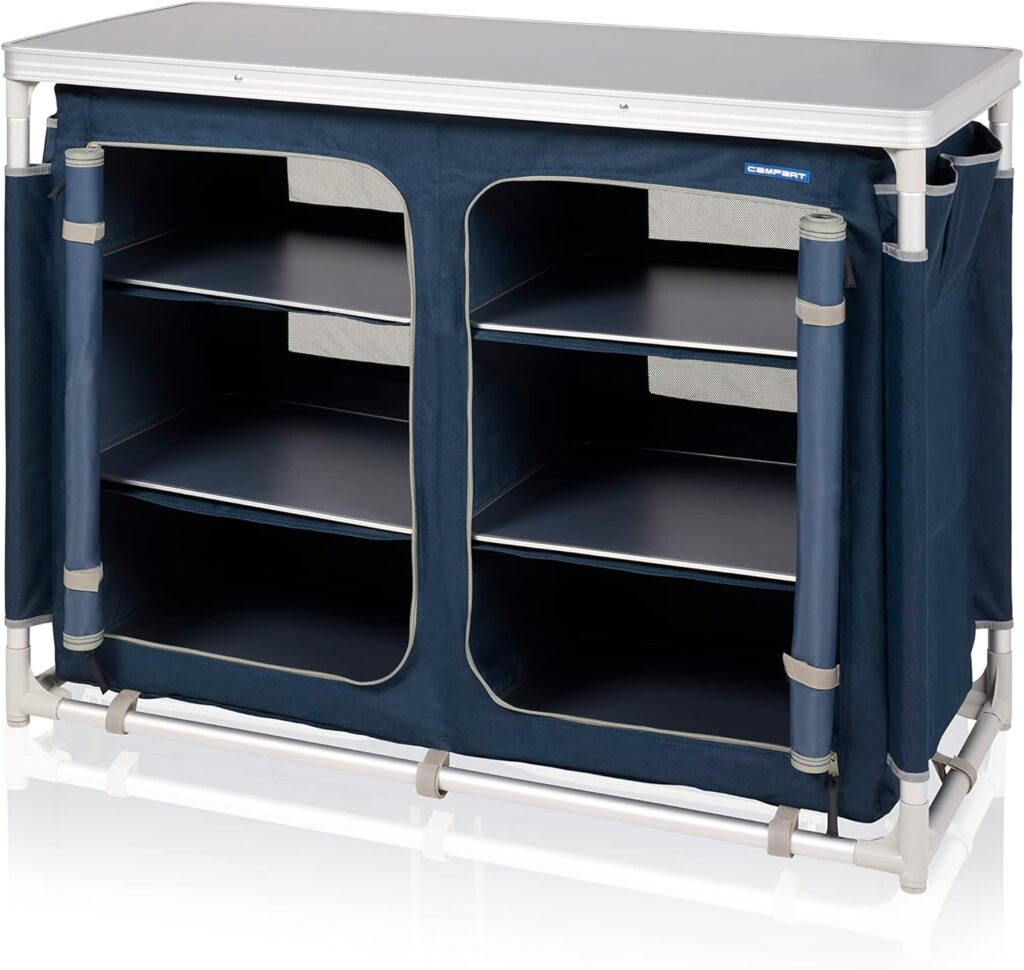 Campart Camping Kitchen Bilbao - 2 Compartments with 3 Shelves - 4 Side Pockets - 4 Adjustable Feet - Includes Carry Bag - Blue - KI-0411