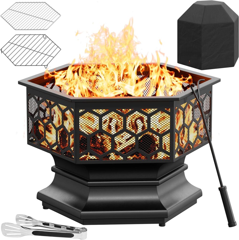 Fire Bowl with Spark Protection, Fire Bowls for the Garden, Grill Grate, Barbecue Tongs and Cover, Charcoal Grate, Fire Pit and Heater/BBG Grill, Heating for Garden in Winter, Campfire, Patio Oven