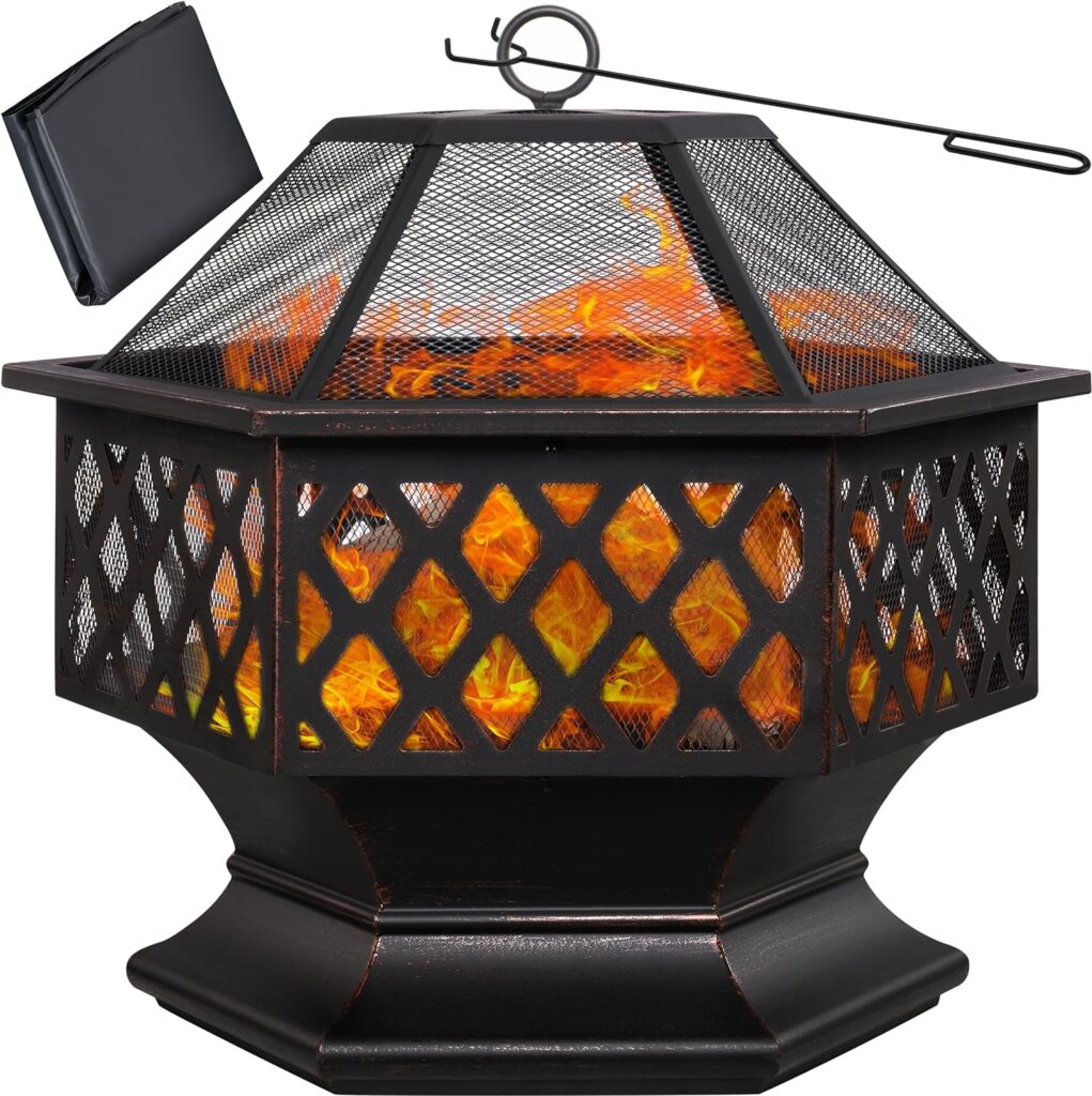 Gardebruk Hexagonal Fire Basket / 70 x 60.5 cm / Steel Spark Mesh including Poker / Fire Pit for Garden