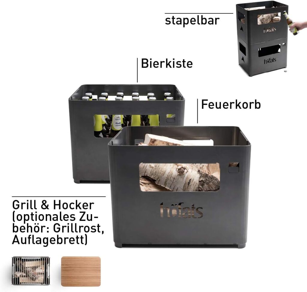 höfats - Beer Box Feuerschale - Getränkekiste, Feuerkorb, Grill, Flaschenöffner und Hocker in einem - für Garten und Terrasse - Corten-Stahl - schwarz, entwickelt eine langlebige Rost-Patina