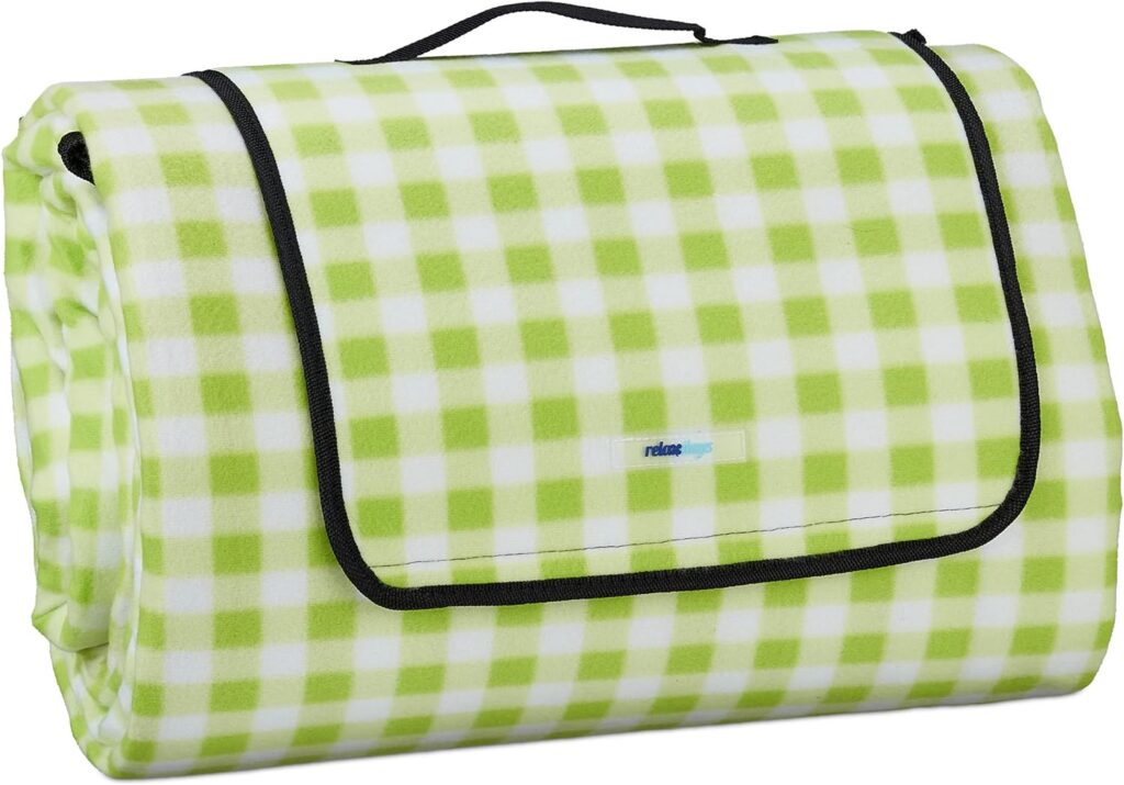 Relaxdays XXL Picnic Blanket, 200 x 300 cm, Insulated  Waterproof, Soft Fleece Beach Blanket, with Carry Handle, Green/White