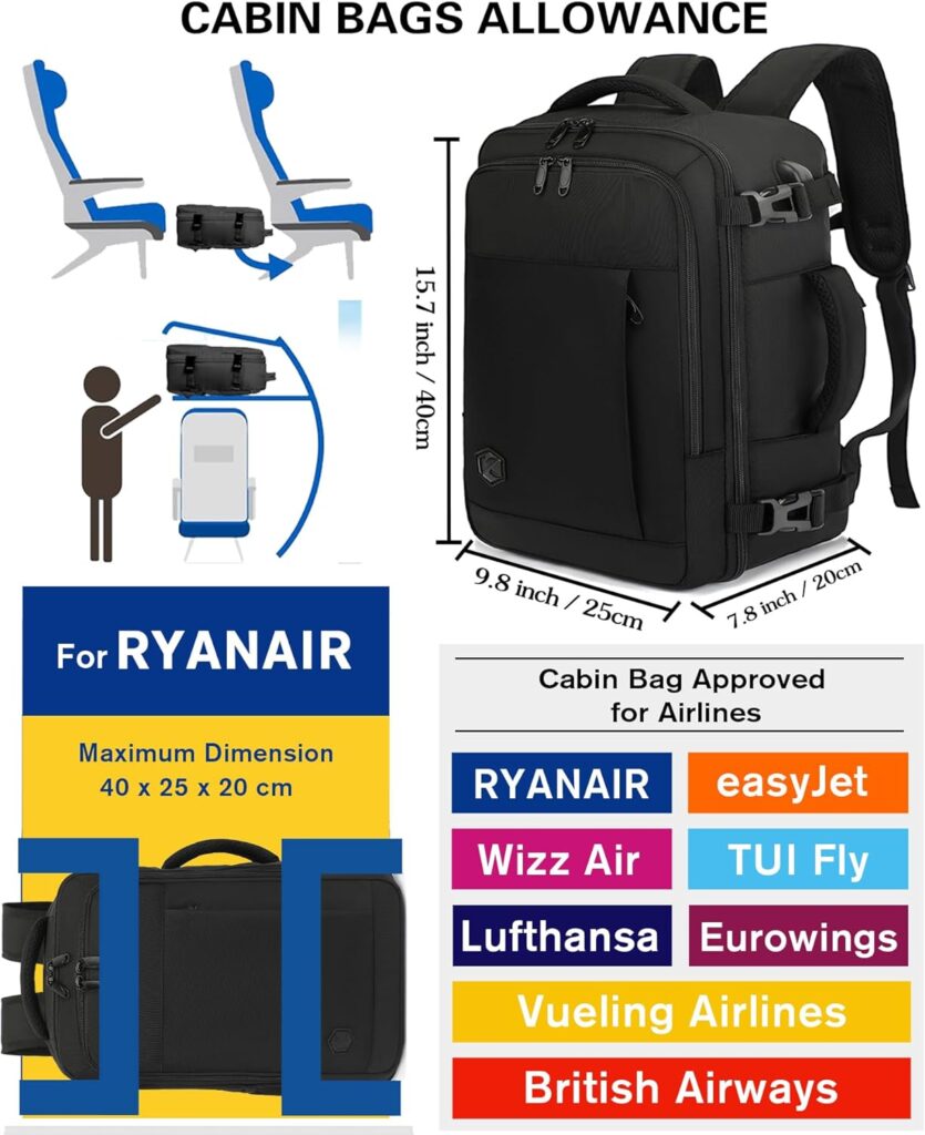 VANKEV Hand Luggage Backpack for Ryanair Easyjet Travel Backpack Hand Luggage Laptop Backpack Airplane Bag, black