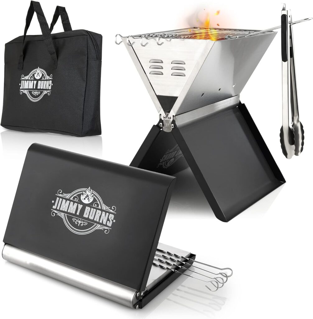 JIMMY BURNS Camping Barbecue Charcoal Stainless Steel [Notebook Design] | for 2-4 People | Barbecue Folding Grill for Camping, Outdoor, Travel, Festival, Picnic | Includes Barbecue Accessories