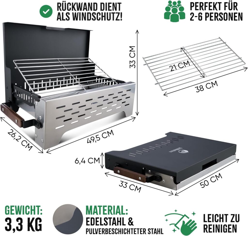 GrillVenture® Camping Grill Foldable | [Folding Grill with Wooden Handle] | Table Grill Suitcase Grill Small | Charcoal Grill Stainless Steel for Camping, Outdoor, Picnic, Balcony | for 2-6 People