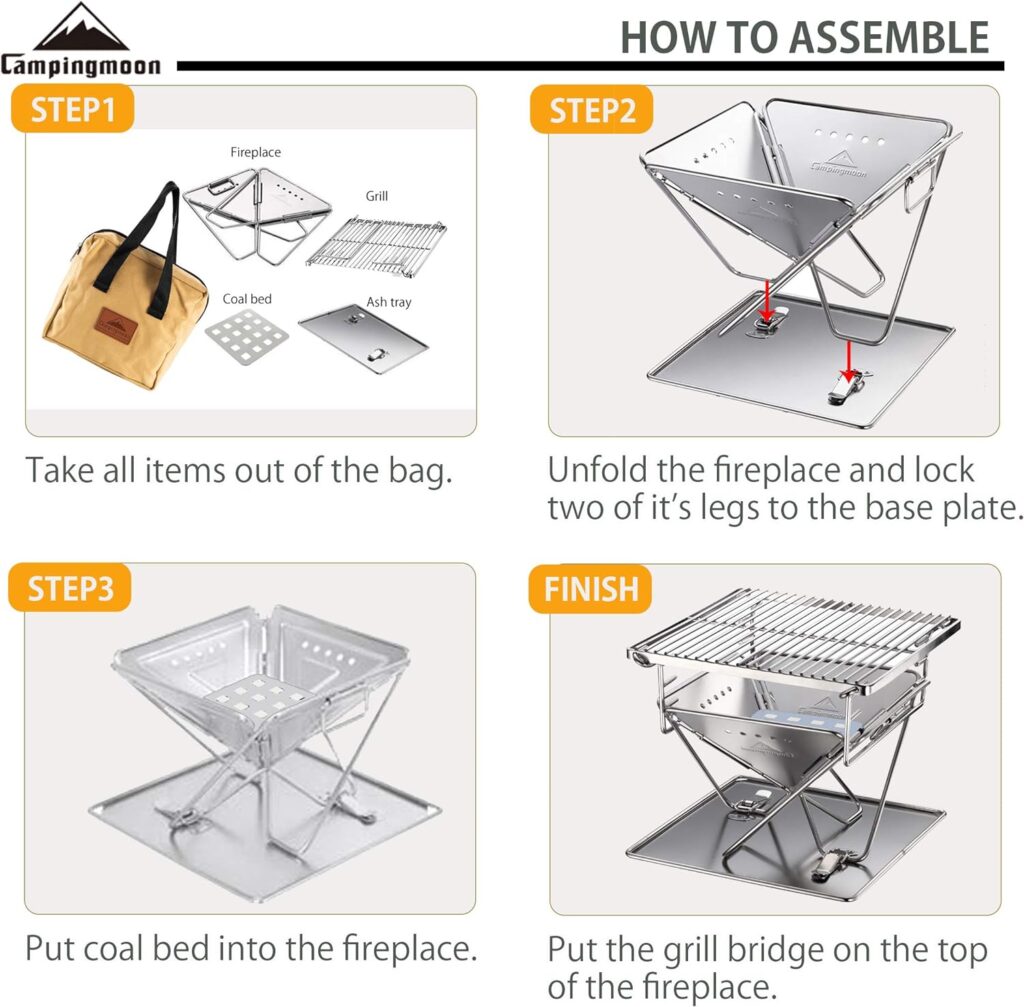 Campingmoon Tabletop Charcoal Barbecue Small Size Wood Grill and Fire Pit, 24.5 cm Portable Stainless Steel with Carry Bag, X-MINI-PRO