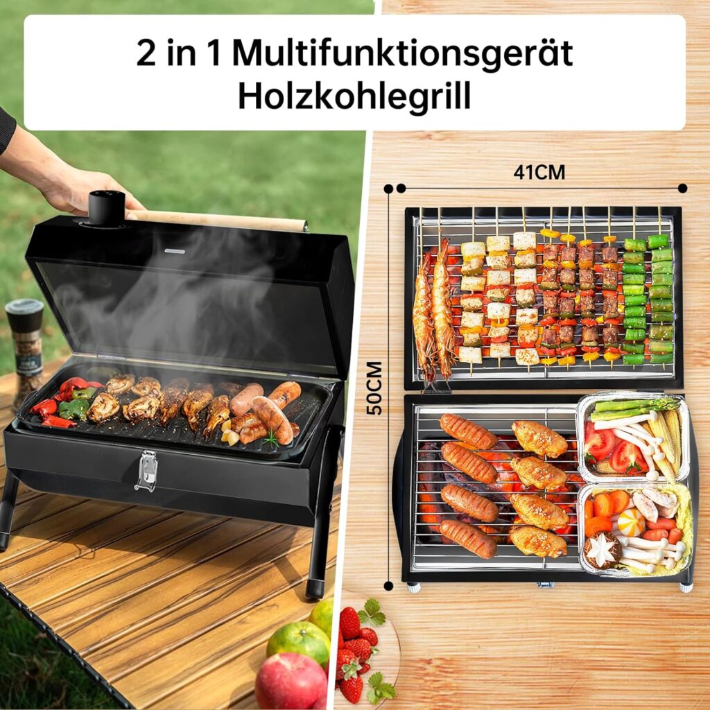 Holzkohlegrill Klein BBQ Grill Klappgrill Mini Koffergrill mit Deckel Tischgrill Tragbarer Grill Doppel Grillfläche für Outdoor Camping Balkon Picknick und Barbecue (Schwarz, 50x41x25cm)