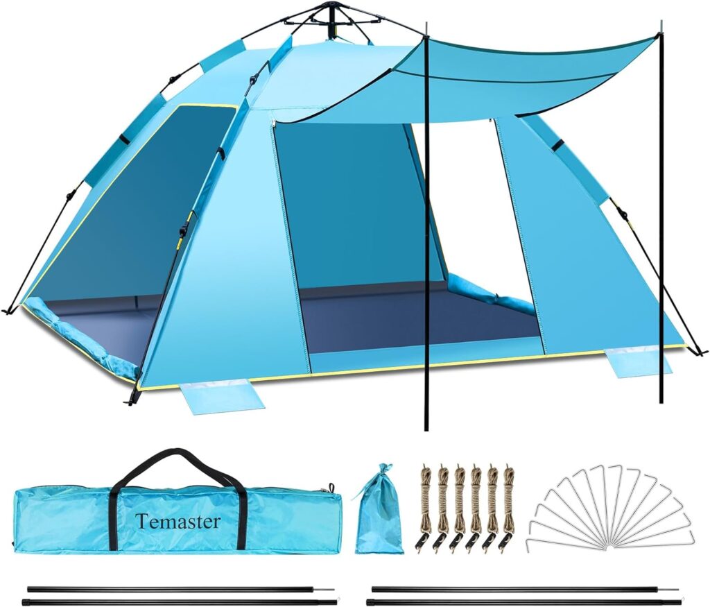 3-4 Person Instant Pop Up Automatisches Strandzelt, Extra großes tragbares belüftetes automatisches Sonnenschutz mit 3 erweiterbarer Veranda, UPF 50+ Easy Setup Strandmuschel für Picknick, Strand