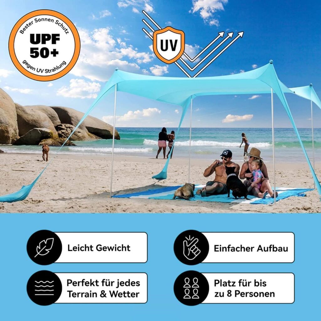 Beach Tent UV Protection UPF50+ with Sand Anchors - Beach Tent Sun Hero with Sand Shovel  Carry Bag - Awning Beach Sun Protection - Beach Shelter XXL for Holiday  Garden | 300 cm x 300 cm