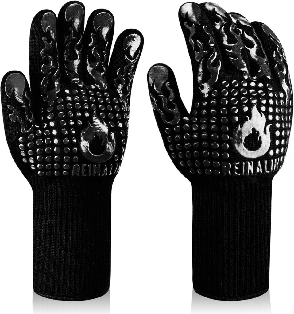 Reinalin BBQ Gloves, Heat Resistant up to 800°C, Oven Gloves, Oven Gloves, Fireproof Gloves, BBQ Gloves, Cooking Gloves, Oven Gloves, Cotton, Gold