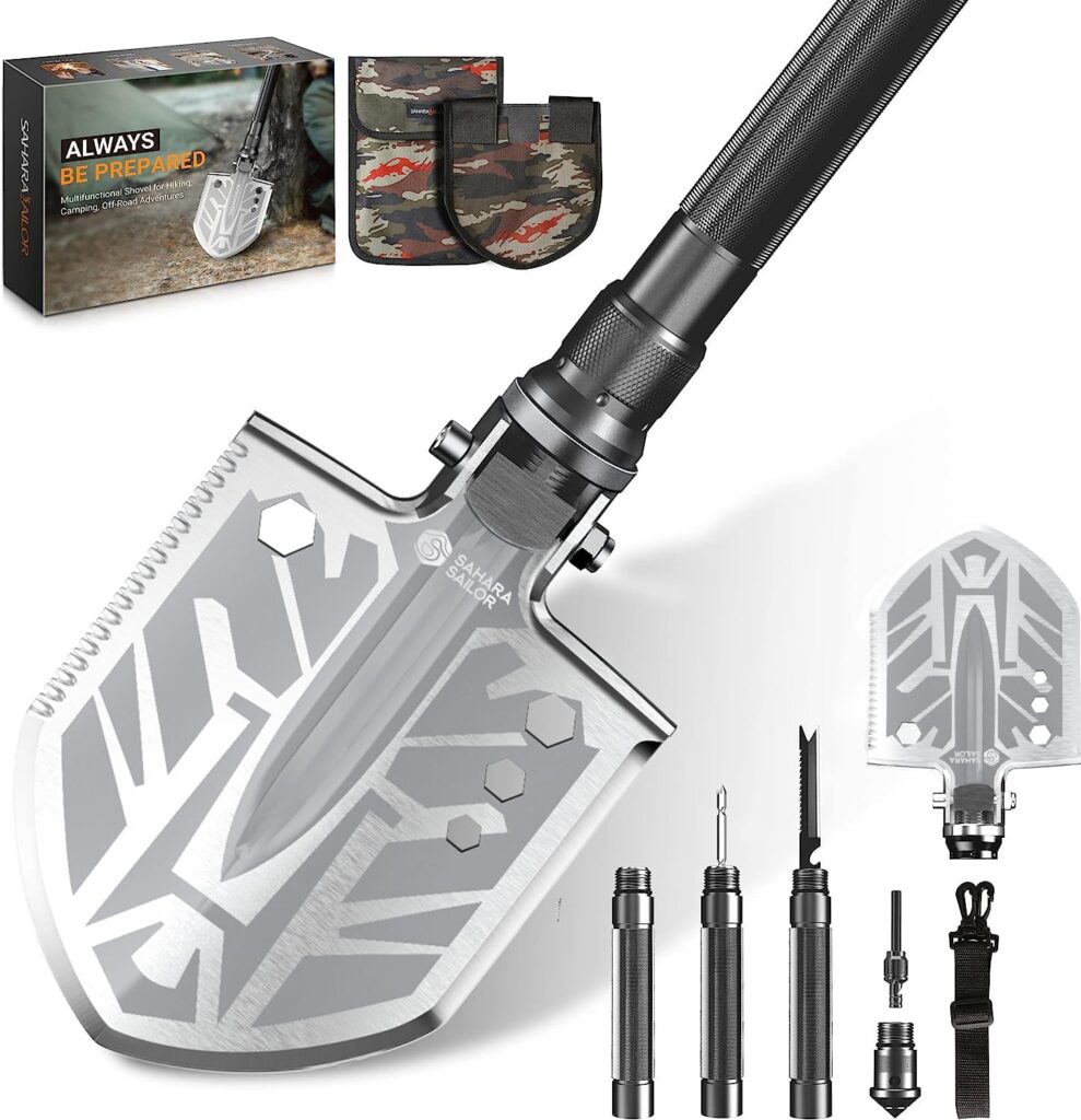 Sahara Sailor Folding Shovel 23 Functions, Multifunctional Survival Shovel Military Camping Shovel Portable Tactical 180 Degree Folding Shovel for Camping, Survival, Hiking and Gardening