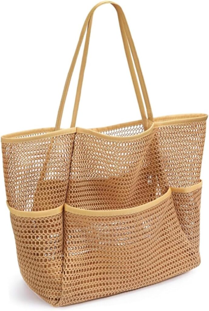 Wybtbm Große Strandtasche Damen Familie,Beach Bags For Women,Umhängetasche Damen,Netztasche Strand Mit Reißverschluss Innentasche,Faltbare Leichte Mesh Strandtasche Korb,Shopper für Frauen 38x35x16cm