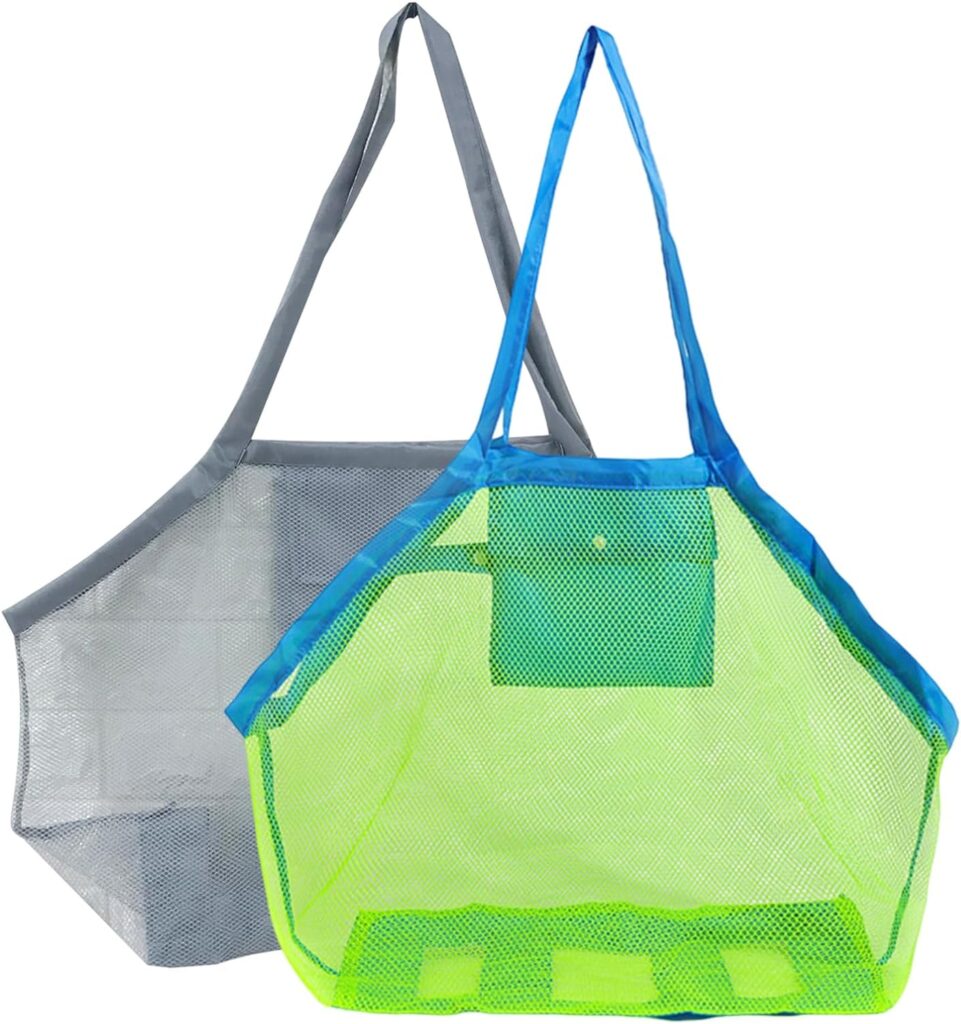 Vueinrg Pack of 2 Mesh Bag Sand Toy Bag Mesh Beach Bag Water Toy Mesh Bag Foldable Reusable Beach Net Mesh Bag Beach Storage Bag for Family Holiday