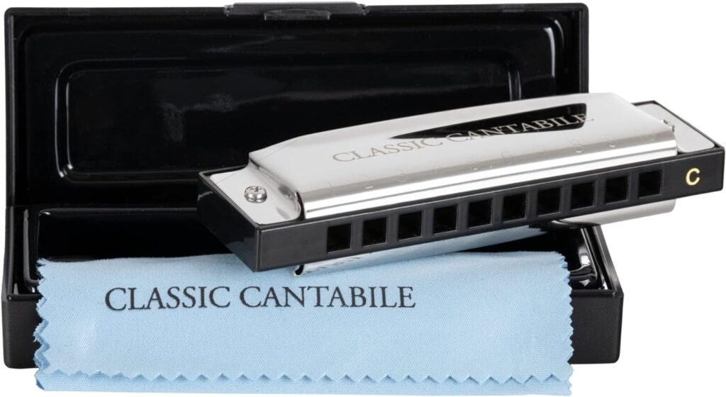 Classic Cantabile AHB-250 Alabama Blues Harmonica in C Major - Ideal for Beginners - Diatonic Beginners Harmonica with 10 Phosphor Bronze Reeds - Stainless Steel Case - Includes Box  Care Cloth