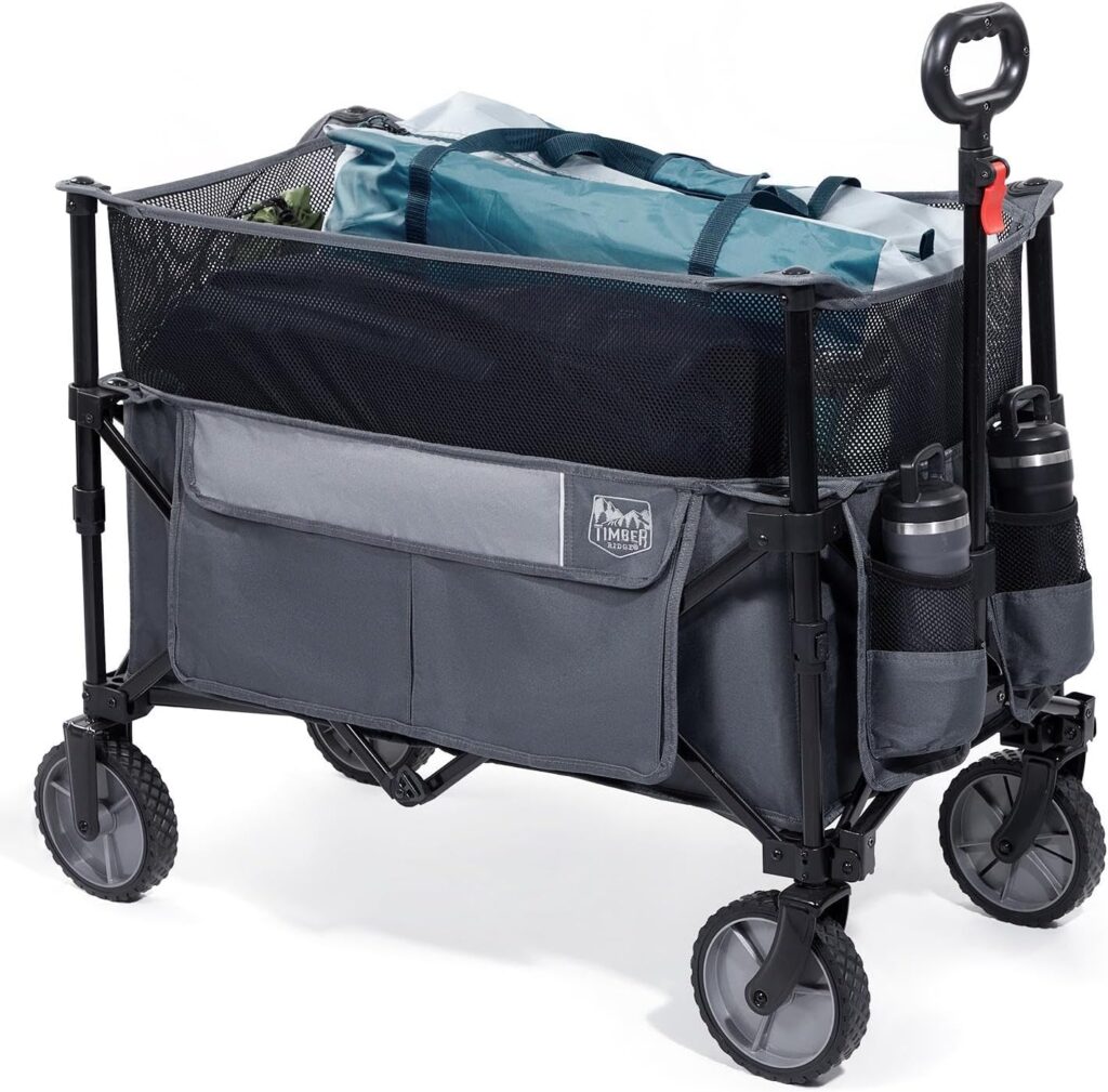 TIMBER RIDGE Handcart Foldable XXXL Transport Trolley Foldable Large Load Area with Adjustable Handle Side Pocket Drink Holder Garden Trolley Hand Trolley All Terrain for Garden Camping