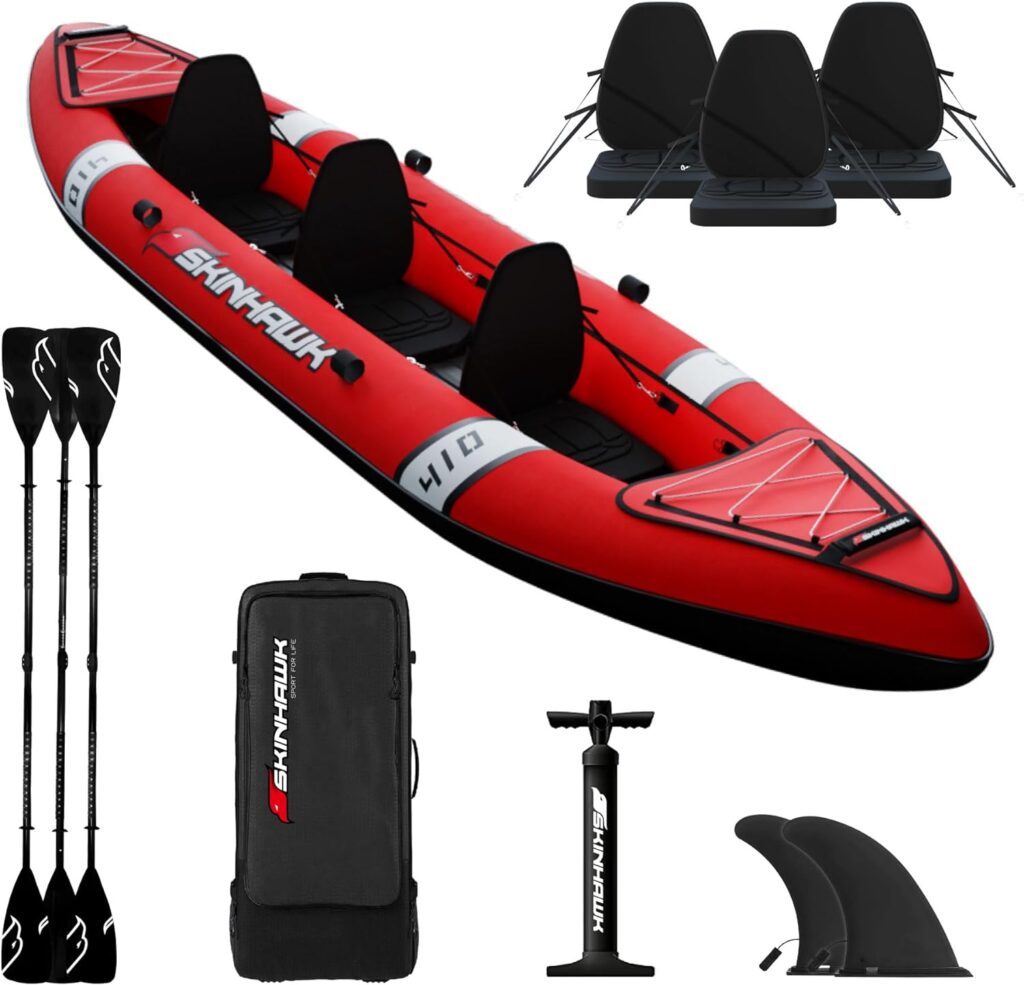 SKINHAWK Premium Kajak Weinrot, Schlauchboot, Kanu, zum Aufblasen, Set mit 3 Aluminium Paddel, 3 Sitze, Pumpe, Tasche 410 x 95 cm