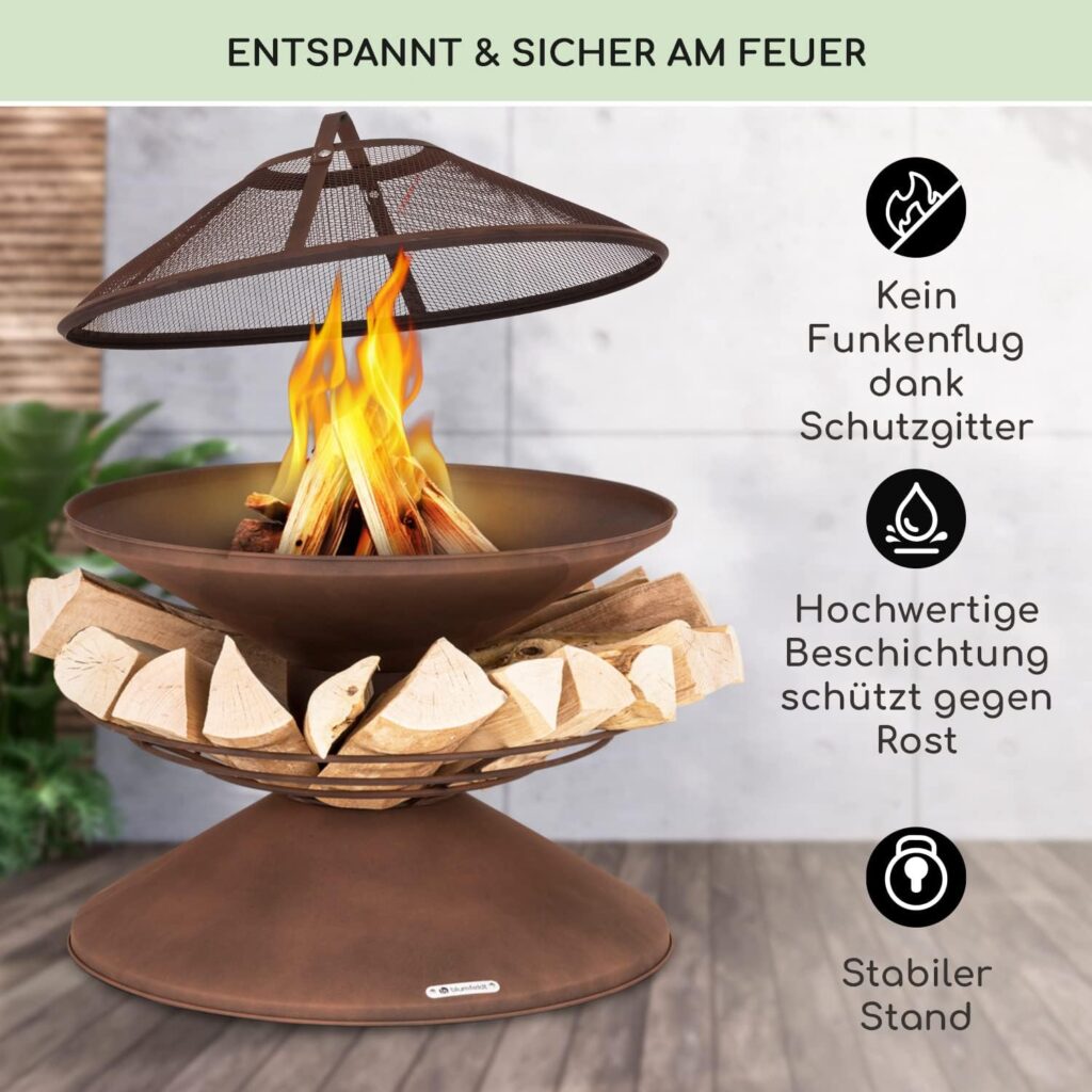 Blumfeldt Fire Bowl, Weatherproof Fire Bowl with Grill Grate  Spark Protection, Steel Fire Bowls, Small, Fire Pit with Grill for Patio  Garden, Fire Pit with Grill Ring  Base, 55 cm High