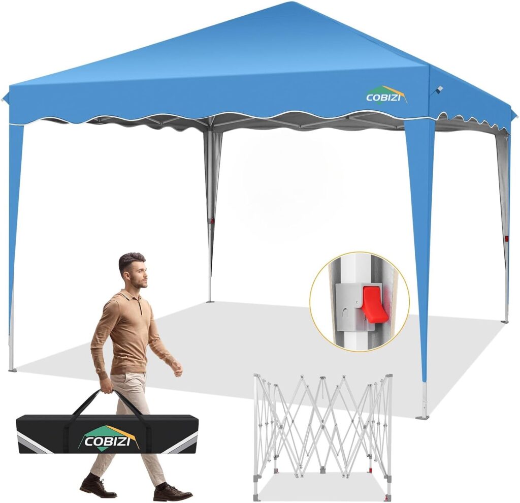 COBIZI Folding Gazebo 3 x 3 Pop Up Gazebo 3 x 3 Waterproof Stable One Person Setup Central Locking Structure Wavy Eaves Garden Gazebo Folding 3 x 3 m with Carry Bag Blue