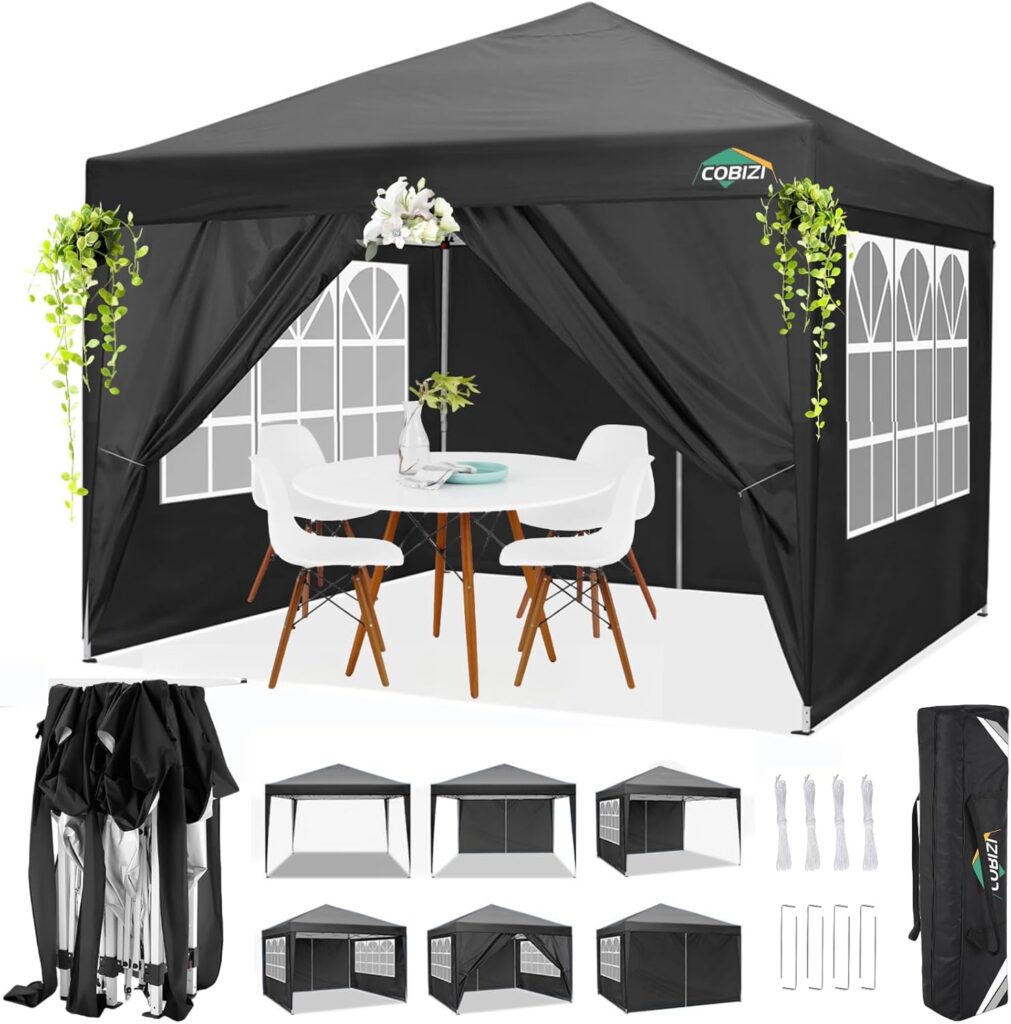 COBIZI Gazebo 3 x 3 Waterproof Stable Winterproof Folding Gazebo 3 x 3 m with 8 x Pegs and 4 x Wind Ropes UV Protection 50+, High Density Tarpaulin, Party Tent Gazebo 3 x 3 m Waterproof Stable Garden