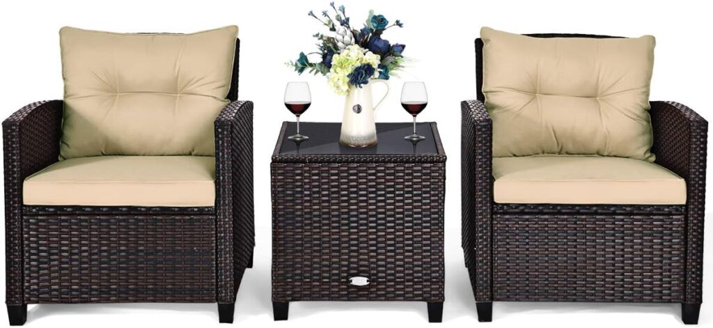 COSTWAY 3-Piece Rattan Garden Furniture Set, Polyrattan Seating Set, 2 Armchairs and 1 Side Table, Balcony Furniture, Bistro Set, Garden Set, Garden Lounge Garden Set Including Glass Top and Seat