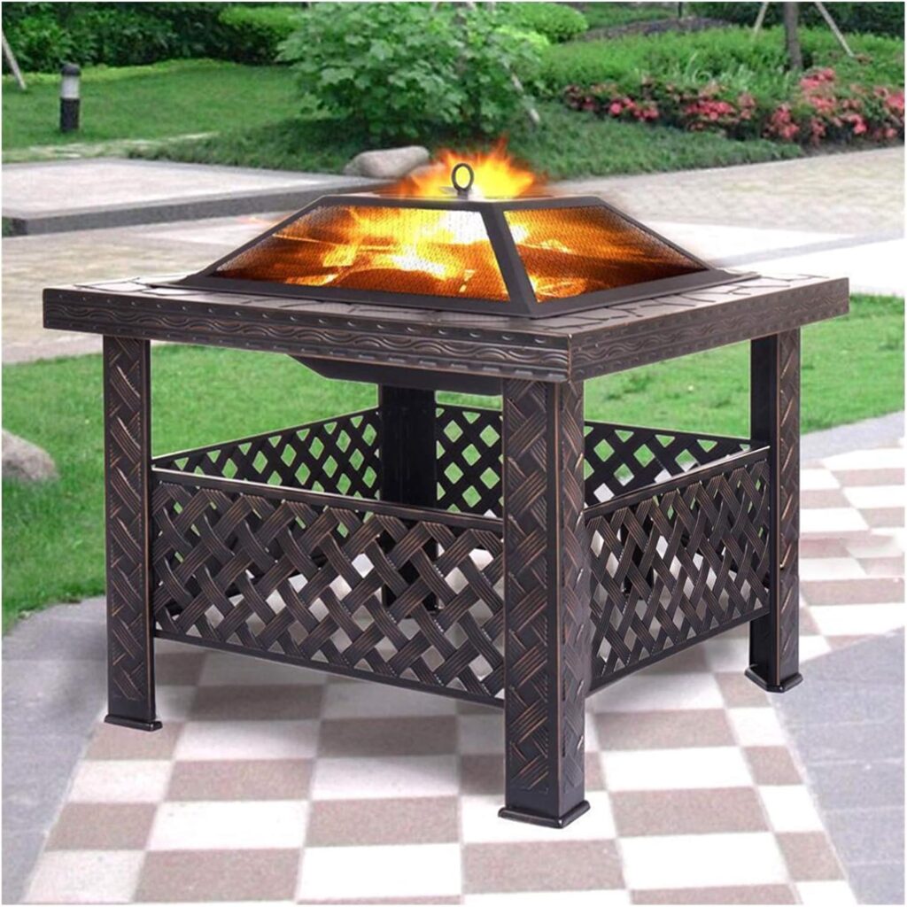 Garden Fire Pit, Wood Fire Pit, Fire Pit, Patio BBQ Table Set, Outdoor Fireplace, Wood Fire Bowl with Spark Guard, Fireplace Poker