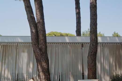 a deck with chairs and trees