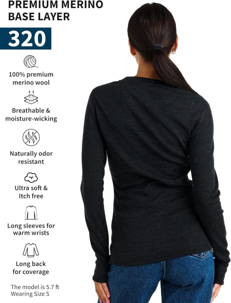 Merino.tech Merino Womens Long-Sleeve Shirt, Premium 100% Merino Underwear, Lightweight, Medium, Heavyweight and Wool Socks