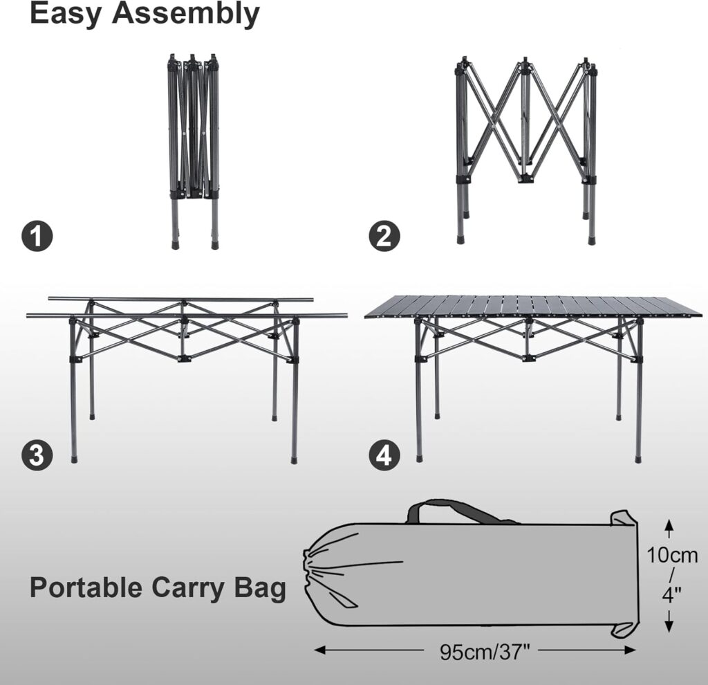 Outplea Folding Camping Table with Aluminium Table Top for 4-6 People, 118 x 55 x 60 cm Portable Folding Table Camping up to 120 kg with Carry Bag for Picnic BBQ Garden Balcony