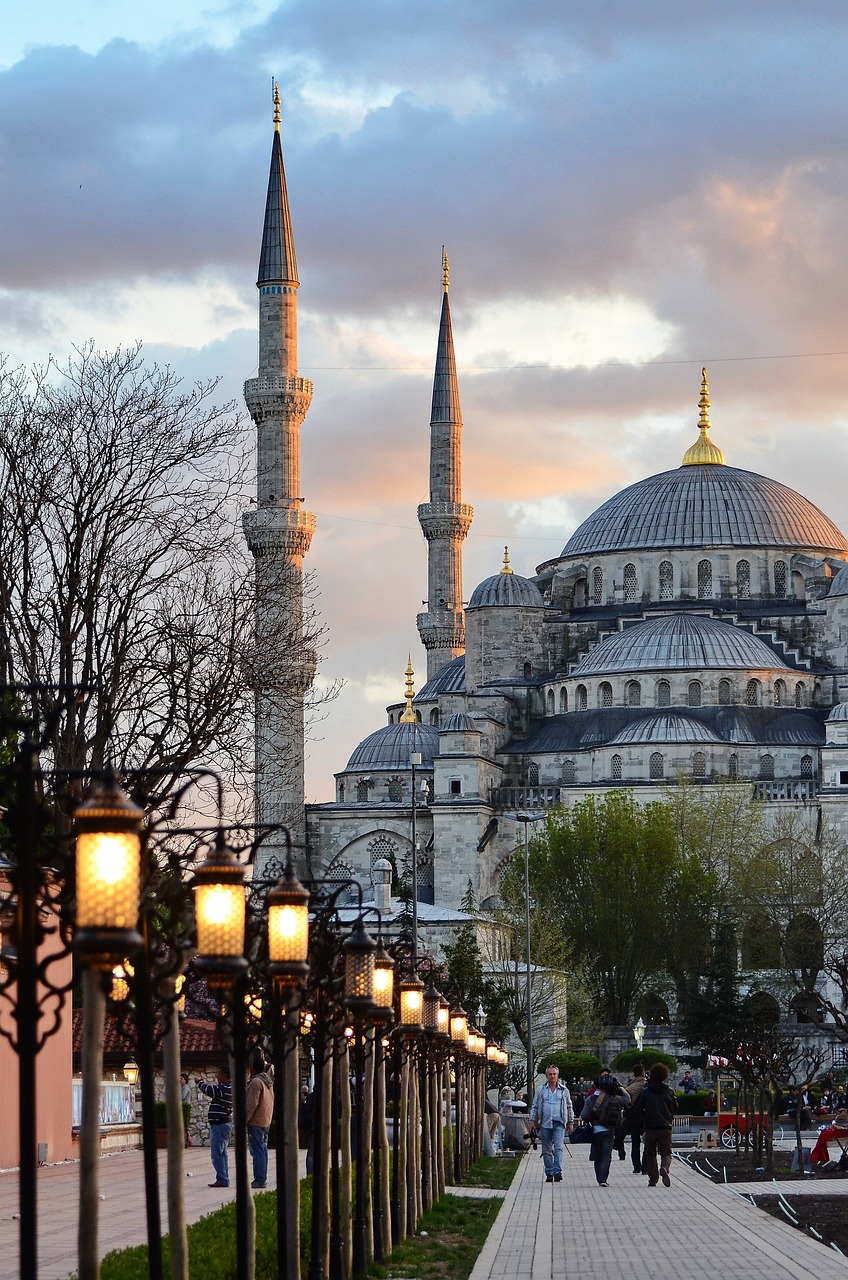 mosque, minarets, street lamps