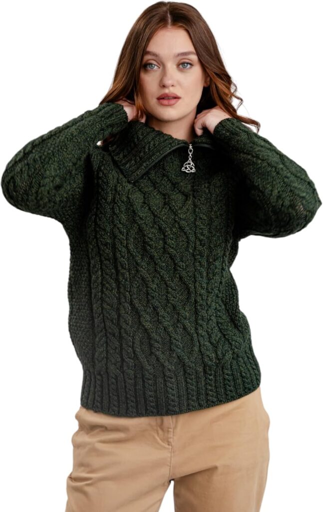 SAOL 100% Merino Wool Aran Fisherman Celtic Half Zip Pullover for Women