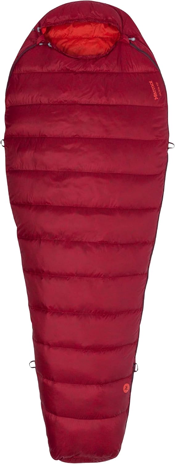 Marmot Micron 40 Down Mummy Sleeping Bag, 650 Duck Down Filling, Very Light and Warm Sleeping Bag, Sienna Red/Tomato, 183 cm