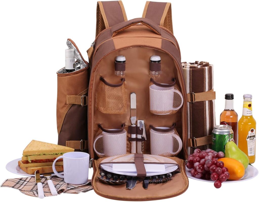 Apollowalker Picnic Backpack for 4 People with Fleece Blanket and Cooling Compartment, brown