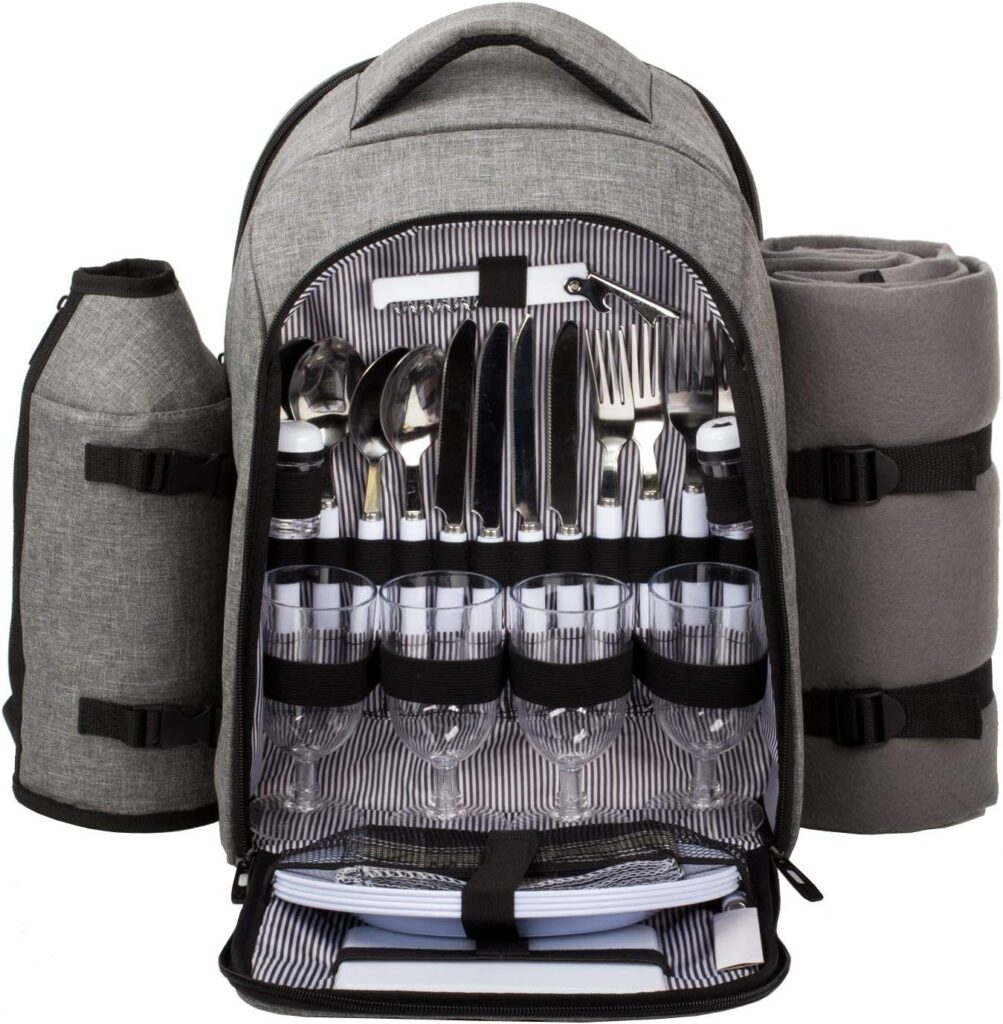 Hap Tim Picnic Backpack 4 Person Picnic Set with Cooler Compartment, Removable Bottle/Wine Holder, Fleece Blanket, Plate and Cutlery Set, Perfect for Outdoor, Sports, Hiking, Camping, BBQ (EU-3263)