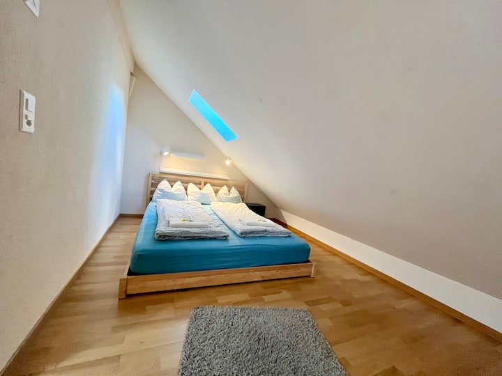 Queensize-Bett mit 160 cm breitem Futon im Schlafzimmerbereich (nicht durch eine Tür vom Rest dieser Studiowohnung getrennt)