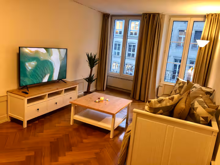 Wohnzimmer / Hauptschlafzimmer (Sofa, das sich rechts in ein Queensize-Bett verwandelt)